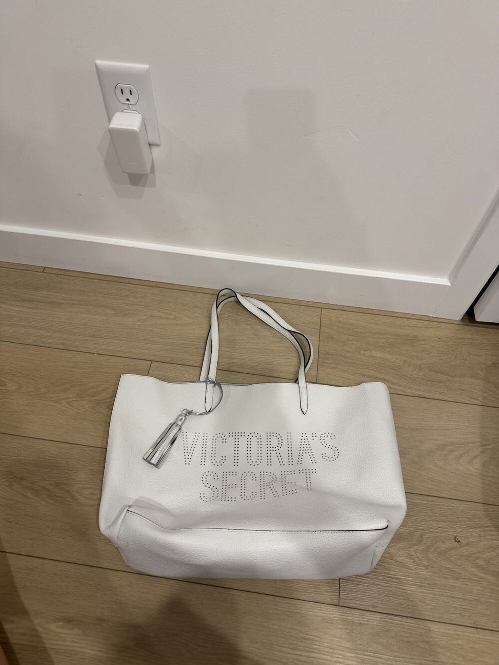 Victoria's Secret White Faux Leather Large Tote Bag Purse Silver Hardware